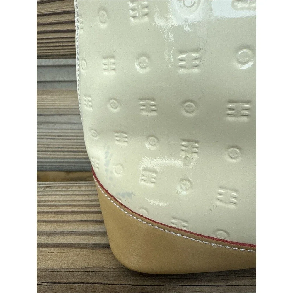 ARCADIA Italy Patent Leather handbang Cream W Gold tone Zip Logo Tan Handles & B - Picture 8 of 11